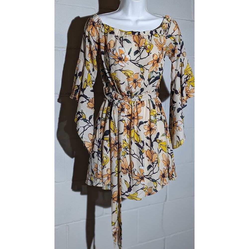 Essue Floral Print Dress Bell Sleeve Off Shoulder Tie Waist Mini Dress Small